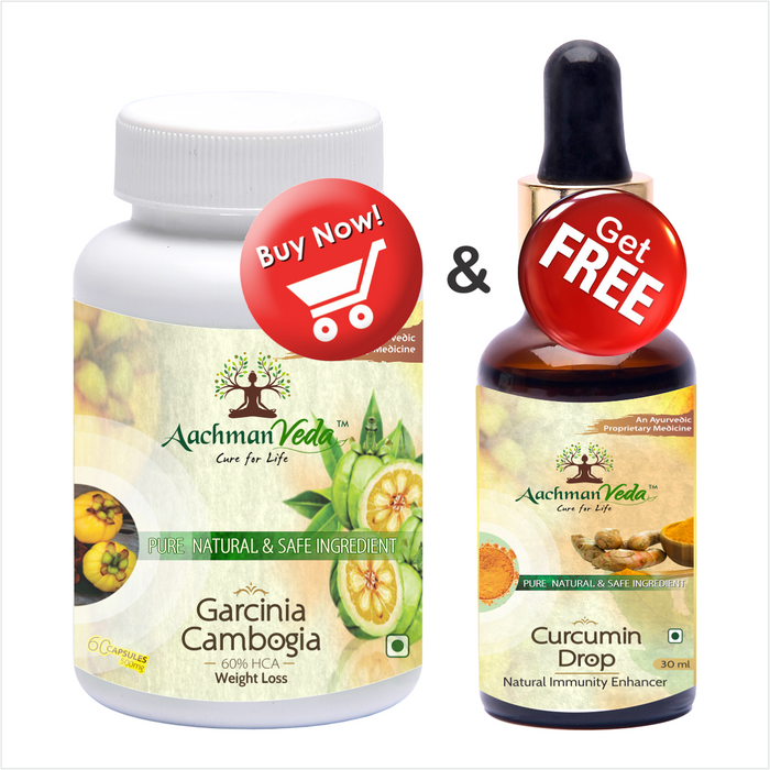Aachman Veda Garcinia Cambogia HCA Weight Loss 60 Capsules 500mg & Free Immunity Enhancer Curcumin Drops 30ml
