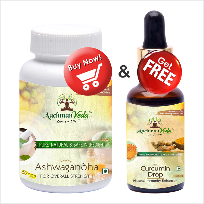 Aachman Veda For Overall Strength Ashwagandha 60 Capsules 500mg & Free Immunity Enhancer Curcumin Drops 30ml
