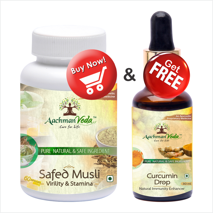 Aachman Veda Virility & Stamina Safed Musli 60 Capsules 500mg & Free Immunity Enhancer Curcumin Drops 30ml