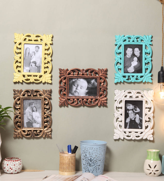 Yatha Set of 5 Wall Hanging Wooden Carved Rectangle Photo Frame (Photo Size : 6 X 4 INCH)