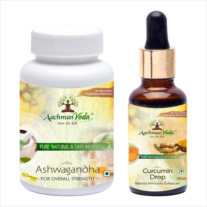 Aachman Veda For Overall Strength Ashwagandha 60 Capsules 500mg & Free Immunity Enhancer Curcumin Drops 30ml