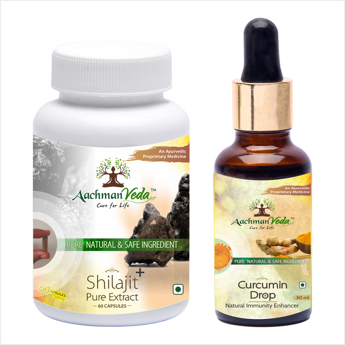 Aachman Veda Shilajit+ Pure Extract Ashwagandha With Safed Musli 60 Capsules 500mg & Free Immunity Enhancer Curcumin Drops 30ml