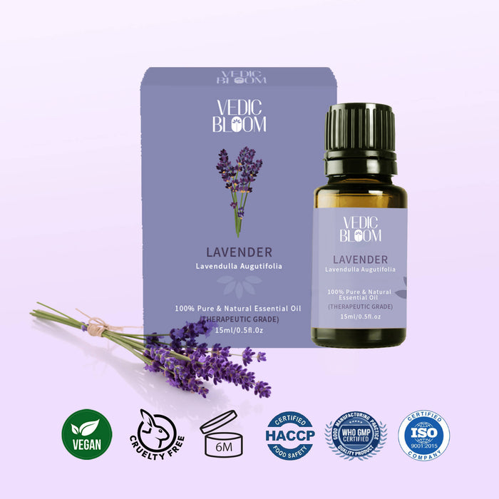 Vedic Bloom Lavender Essential Oil 15 ml for a good sleep, healthy skin and aromatherapy