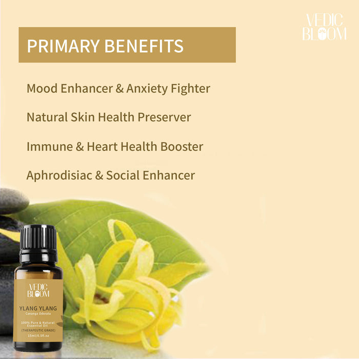 Vedic Bloom Ylang Ylang Essential Oil 15 ml for healthy skin, anxiety & immunity