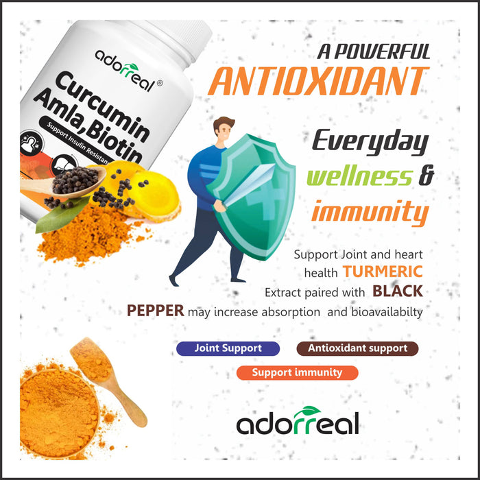 Adorreal Curcumin with Biotin and Amla Extract | General Wellness | Immunity Booster for daily use | 60 Capsules |