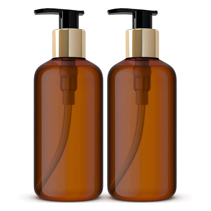 HARRODS Empty Amber Plastic Pump Bottles, Soap Dispenser, Durable Refillable Containers for Liquid Soap, Shampoo, oils 300ml (2Pcs)