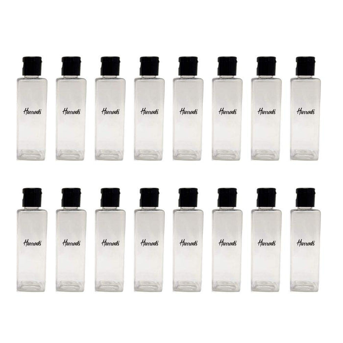 HARRODS 100ml-Empty Transparent Square Plastic Bottle, Black Cap Flip Top Caps, For Sanitizer, Liquid, Travelles (16Pcs)