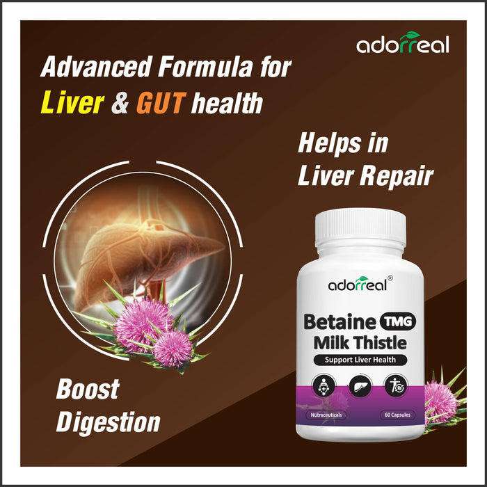 Adoreal Betaine Milk Thistle Extract, Liver Support Supplement, Liver Detox for Men and Women, for Good Liver Health - 60 Capsules I