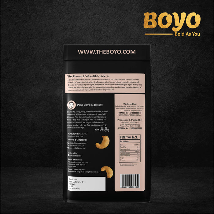 BOYO Roasted Cashew Nuts 400g (2 x 200g) - Himalayan Pink Salted & Crunchy Kaju - Low Sodium, Oil Free, Roasted By Dry Roasting Technique
