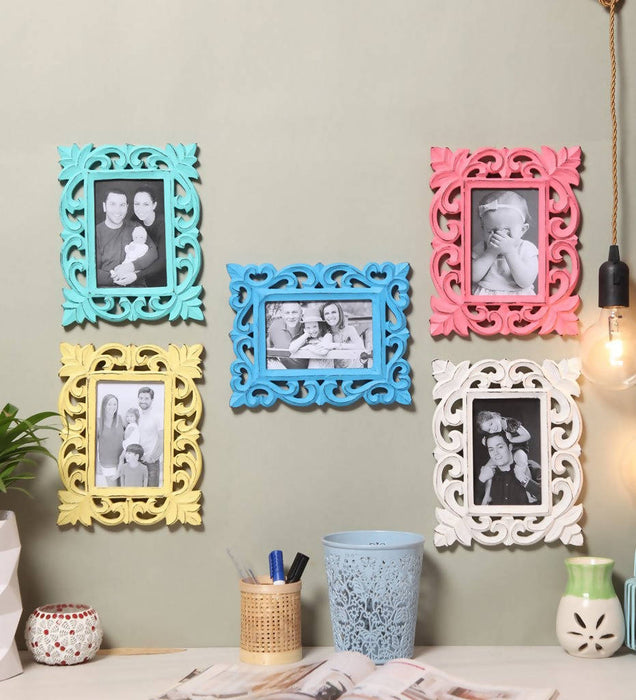 Yatha Set of 5 Wall Hanging Wooden Carved Rectangle Photo Frame (Photo Size : 6 X 4 INCH)