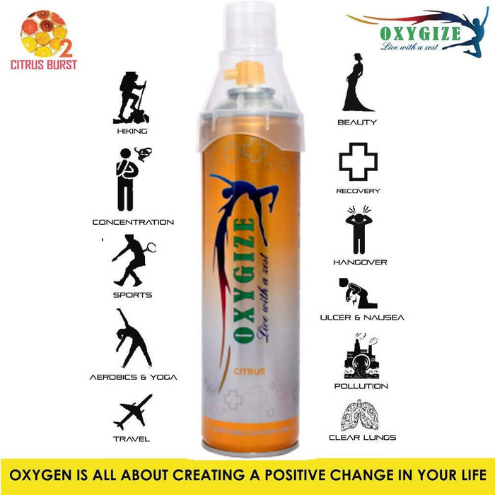 Oxygize Portable Citrus flavour Oxygen Can 10liter Cylinder Canister With Protective Mask For Air Pollution Protect, Quick Recovery, Boosting Immune System, Easy To Carry (150 Breaths Approx.)