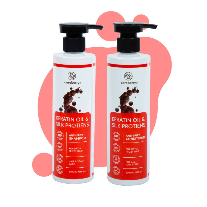 Careberry Keratin Oil & Silk Proteins Anti Frizz Shampoo + Conditioner Combo, For Dry & Frizzy Hair, Ayush Certified Ayurvedic, Sulphate & Paraben Free 300*2ml