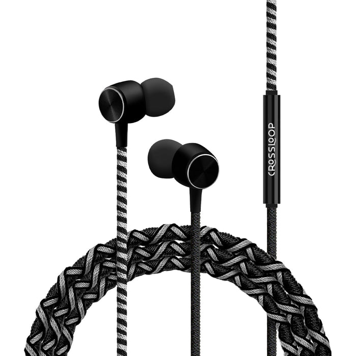 CROSSLOOP PRO Series Braided Tangle Free Designer Earphone with Metallic Driver for Extra Bass, in-Line Mic & Multi-Functional Remote with Voice Command Support, 3.5mm Universal Jack (Black & Grey)