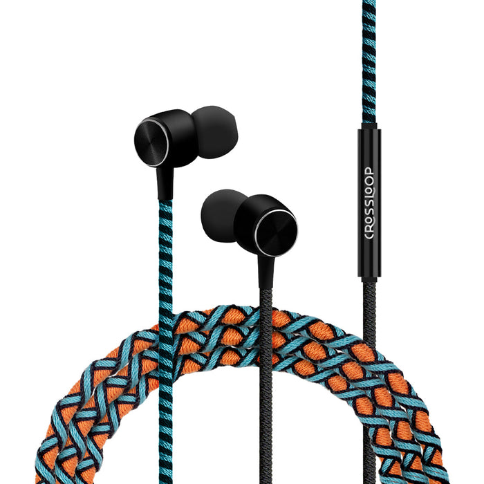 CROSSLOOP PRO Series Braided Tangle Free Designer Earphone with Metallic Driver for Extra Bass, in-Line Mic & Multi-Functional Remote with Voice Command Support, 3.5mm Universal Jack (Orange & Blue)