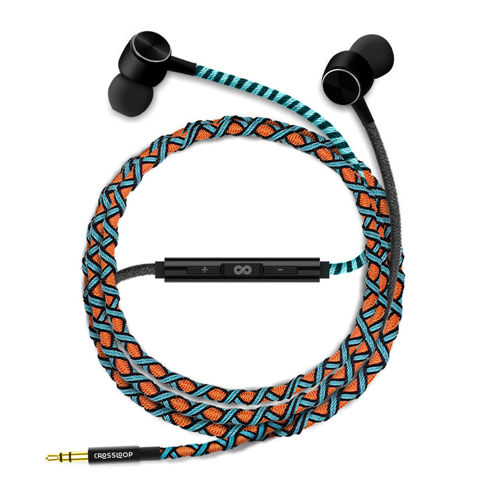 CROSSLOOP PRO Series Braided Tangle Free Designer Earphone with Metallic Driver for Extra Bass, in-Line Mic & Multi-Functional Remote with Voice Command Support, 3.5mm Universal Jack (Orange & Blue)