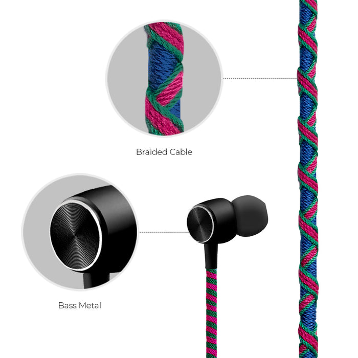 CROSSLOOP PRO Series Braided Tangle Free Designer Earphone with Metallic Driver for Extra Bass, in-Line Mic & Multi-Functional Remote with Voice Command Support, 3.5mm Universal Jack (Pink & Blue)