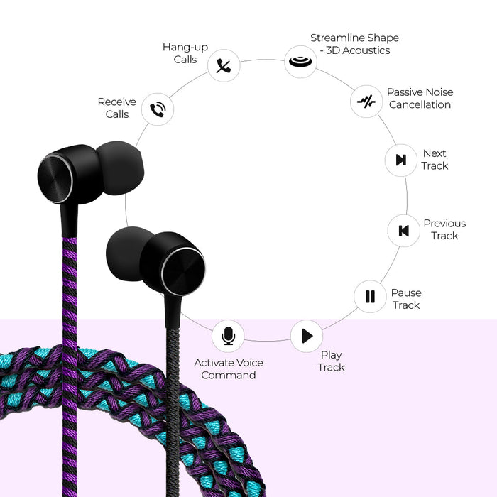 CROSSLOOP PRO Series Braided Tangle Free Designer Earphone with Metallic Driver for Extra Bass, in-Line Mic & Multi-Functional Remote with Voice Command Support, 3.5mm Universal Jack (Purple & Blue)