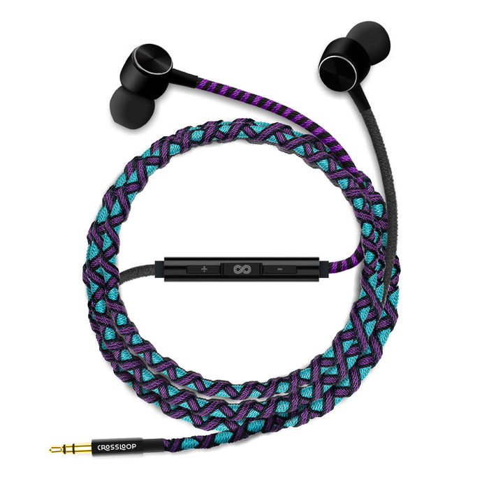 CROSSLOOP PRO Series Braided Tangle Free Designer Earphone with Metallic Driver for Extra Bass, in-Line Mic & Multi-Functional Remote with Voice Command Support, 3.5mm Universal Jack (Purple & Blue)
