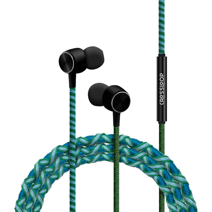 CROSSLOOP PRO Series Braided Tangle Free Designer Earphone with Metallic Driver for Extra Bass, in-Line Mic & Multi-Functional Remote with Voice Command Support, 3.5mm Universal Jack (Green & Blue)