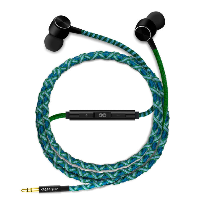 CROSSLOOP PRO Series Braided Tangle Free Designer Earphone with Metallic Driver for Extra Bass, in-Line Mic & Multi-Functional Remote with Voice Command Support, 3.5mm Universal Jack (Green & Blue)