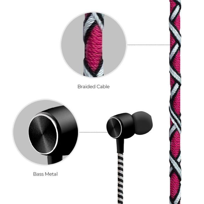 CROSSLOOP PRO Series Braided Tangle Free Designer Earphone with Metallic Driver for Extra Bass, in-Line Mic & Multi-Functional Remote with Voice Command Support, 3.5mm Universal Jack (Pink & White)