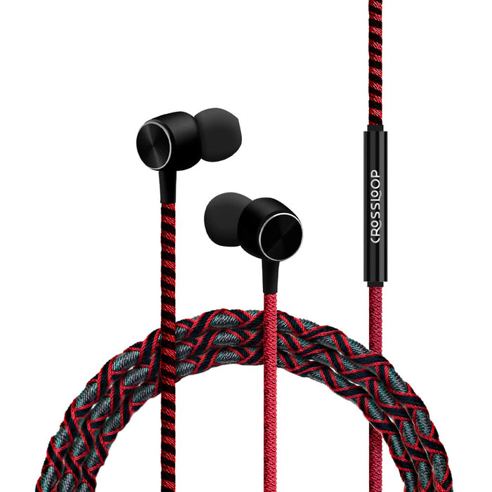 CROSSLOOP PRO Series Braided Tangle Free Designer Earphone with Metallic Driver for Extra Bass, in-Line Mic & Multi-Functional Remote with Voice Command Support, 3.5mm Universal Jack (RED & Black)