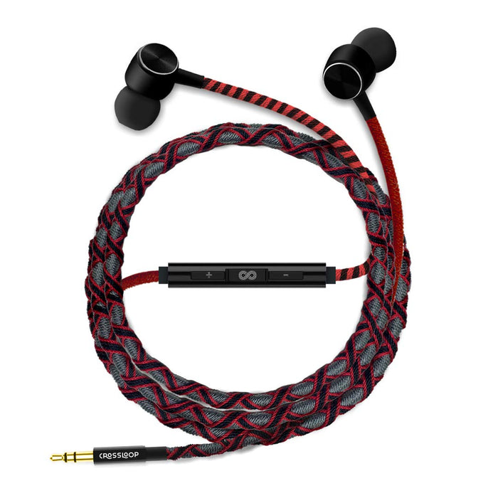 CROSSLOOP PRO Series Braided Tangle Free Designer Earphone with Metallic Driver for Extra Bass, in-Line Mic & Multi-Functional Remote with Voice Command Support, 3.5mm Universal Jack (RED & Black)