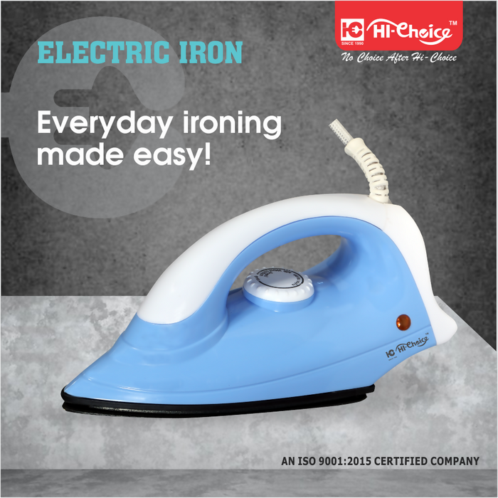 HI-Choice Electric Iron Press 750-Watt Dry Iron with Coating Non-Stick Sole Plate | Safety-Packed Electric Iron Press with Quick, Uniform Heating | 1-year Warranty (White & Blue)