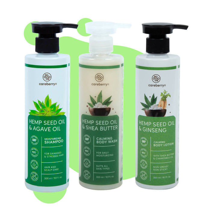 Careberry Hemp Seed Oil Collection, Shampoo + Body Wash + Body Lotion, 300ml*3, Ayush Certified Ayurvedic, Sulphate & Paraben Free Pack of 3