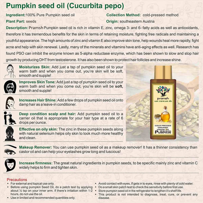 Pramsh Cold Pressed Organic Virgin Pumpkin Seed Oil (100ml+50ml) Pack Of (150ml) - Local Option