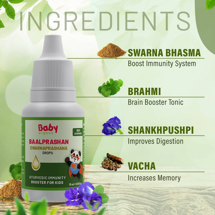 Babyorgano Swarnaprashan for Kids - Enriched with 24CT Gold Immunity Booster Drops Healthy Growth & Strength - 100% Ayurvedic - FDCA Approved - 15ml, Age 0-15 Years (Pack of 1) Visit the Babyorgano