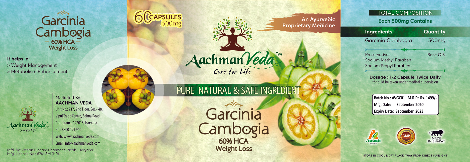 Aachman Veda Garcinia Cambogia 60% HCA Weight Loss 60 Capsules 500 Mg With Veg