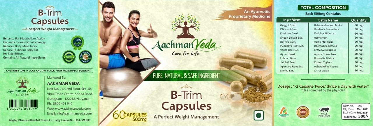 Aachman Veda Cure For Life Pure Natural Safe Ingredient An Ayurvedic Proprietary B-Trim 60 Capsules 500 Mg With Veg