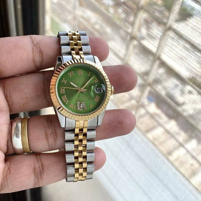 Rolex datejust ladies watch green dial two tone