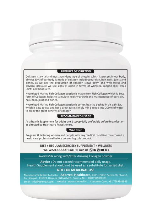 Adorreal Collagen Peptide Collagen Protein Supplement with Hyaluronic Acid | Amino Acids for Skin, Hair, Nails | 250gm |