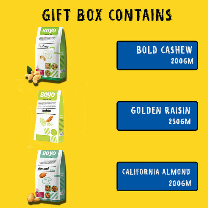BOYO Mixed Dry Fruits Diwali Gift Box 650g - Whole Cashew Nuts 200g, 100% Natural California Almond 200g, Golden Yellow Long Raw Raisin 250g