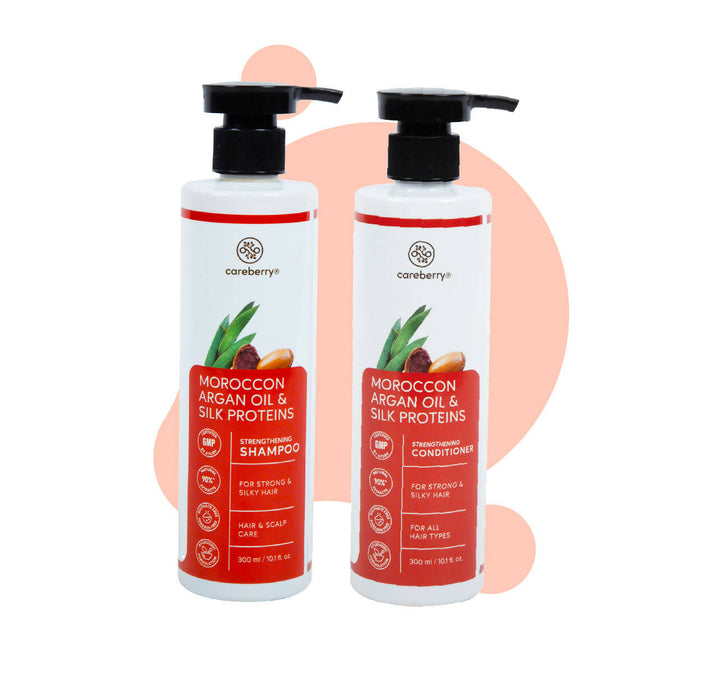 Careberry Moroccon Argan Oil & Silk Proteins Shampoo + Conditioner Combo, For Strong & Silky Hair, Ayush Certified Ayurvedic, Sulphate & Paraben Free 300*2ml