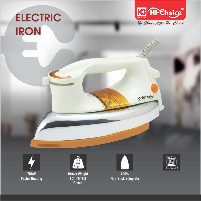 HI-Choice Electric Iron Press 750-Watt Dry Iron with Coating Non-Stick Sole Plate | Safety-Packed Electric Iron Press with Quick, Uniform Heating | 1-year Warranty (1161 IVORY)
