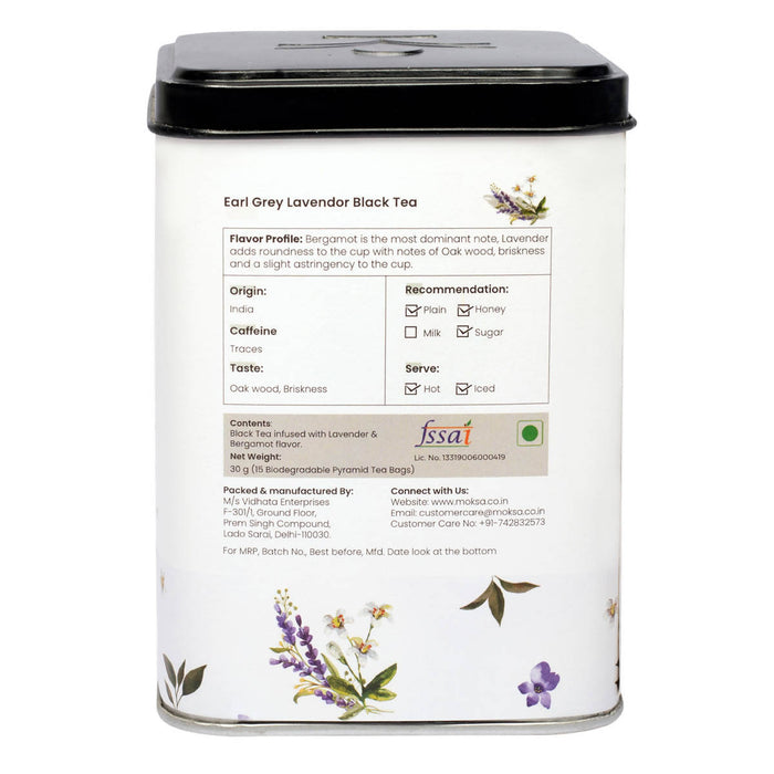 Moksa - Earl Grey Lavender Black Tea | Biodegradable Pyramid Bags | Set of 15 | 35 g