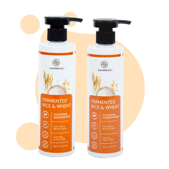 Careberry Fermented Rice Water & Wheat Volumizing Shampoo + Conditioner Combo, For Thin & Brittle Hair, Ayush Certified Ayurvedic, Sulphate & Paraben Free 300*2ml