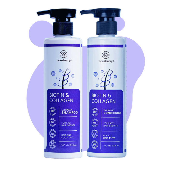 Careberry Biotin & Collagen Volumizing Shampoo + Conditioner Combo, Hair Growth & Hair Fall Control, Ayush Certified Ayurvedic, Sulphate & Paraben Free 300*2ml