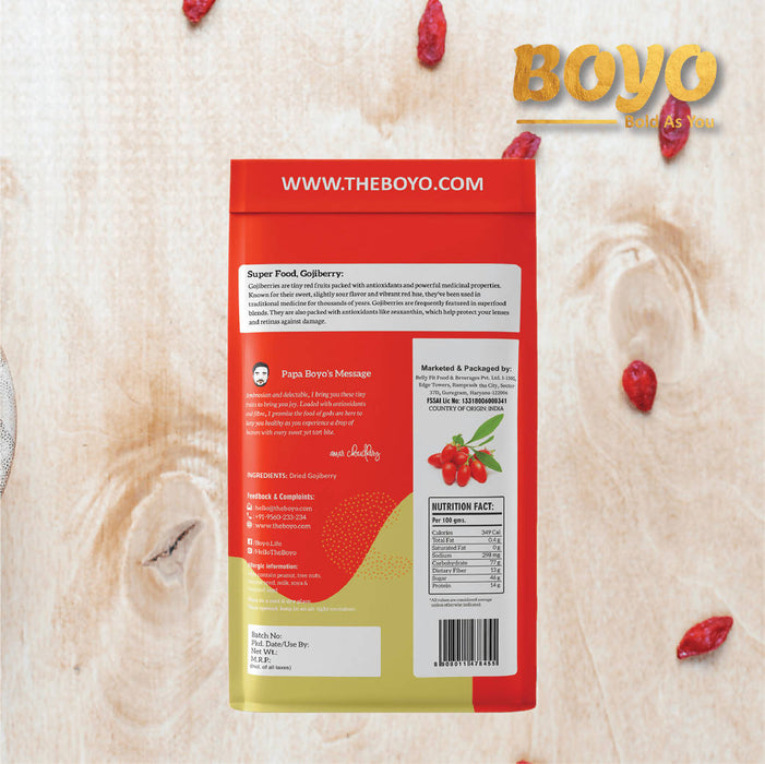 BOYO Exotic Dried whole Gojiberry 400 gm (2 x 200g) - 100% Vegan and Gluten Free - Unsulphured, Unsweetened and Naturally Dehydrated Fruit