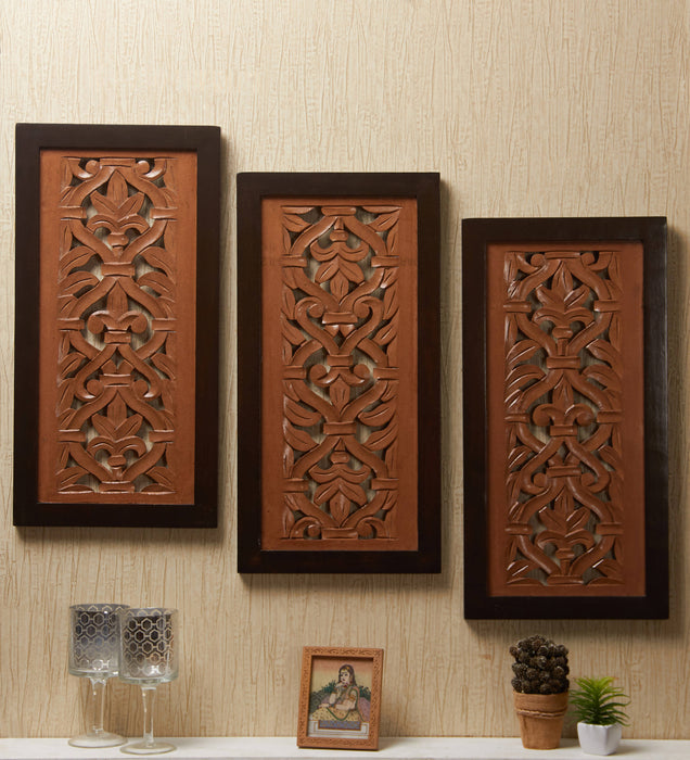 Wooden Wall Decoration Panel Set of 3 |Hand Carved Wall Panel for Home, Office |Set of Wall Panel |Wall Panel ( Size: 24 x 12 inch )