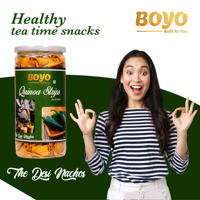 BOYO Quinoa Strips Cream & Onion 150gm, Quinoa Strips Jalapeno 150gm Combo (Pack of 2) - Evening Snacks