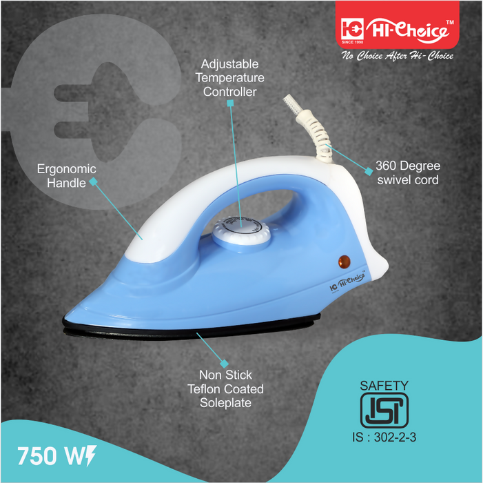 HI-Choice Electric Iron Press 750-Watt Dry Iron with Coating Non-Stick Sole Plate | Safety-Packed Electric Iron Press with Quick, Uniform Heating | 1-year Warranty (White & Blue)