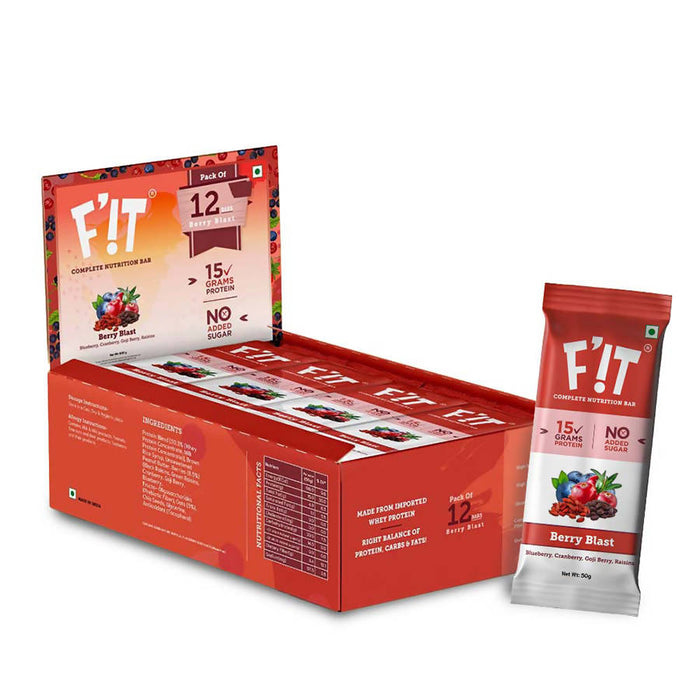 F'iT Complete Nutrition and 15g Whey Protein Bar, BERRY BLAST | Imported Whey Protein | No Added Sugar | Pack of 12 Protein Bars x 50g