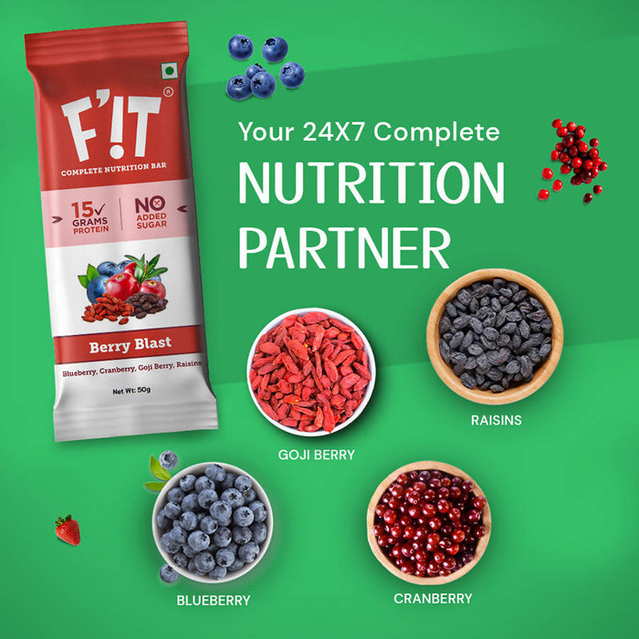 F'iT Complete Nutrition and 15g Whey Protein Bar, BERRY BLAST | Imported Whey Protein | No Added Sugar | Pack of 12 Protein Bars x 50g