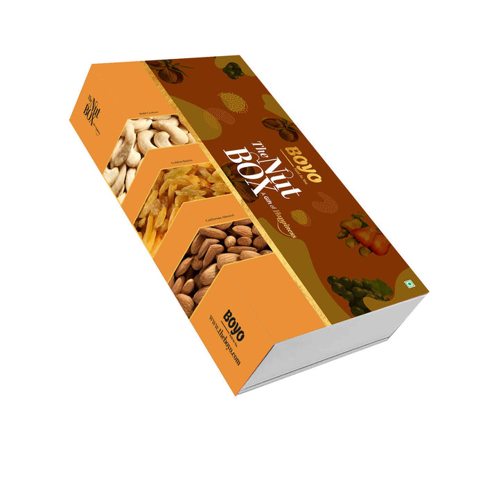 BOYO Mixed Dry Fruits Diwali Gift Box 650g - Whole Cashew Nuts 200g, 100% Natural California Almond 200g, Golden Yellow Long Raw Raisin 250g
