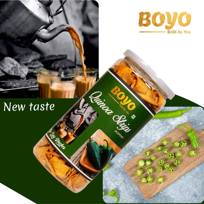 BOYO Quinoa Strips Cream & Onion 150gm, Quinoa Strips Jalapeno 150gm Combo (Pack of 2) - Evening Snacks