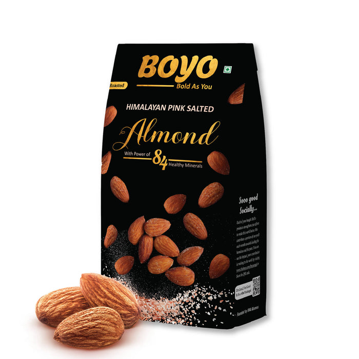 BOYO Roasted Almonds 200 gms, Himalayan Pink Salted Badam, Healthy Roasted Snack